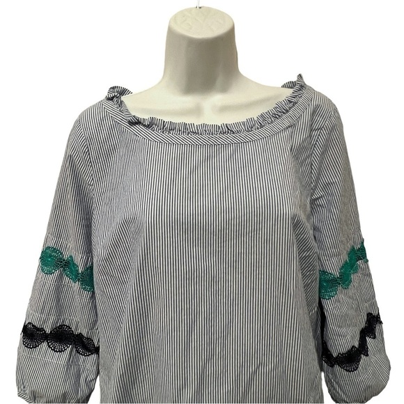 TALBOTS White Blue Pin Stripe Ruffle Scoop Neck, Lace Sleeves Blouse, Small - Picture 10 of 14